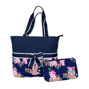 NGil Quilted Tote Bag Diaper Bag Travel Pouch Happy Pig Navy PInk  Zip Closure